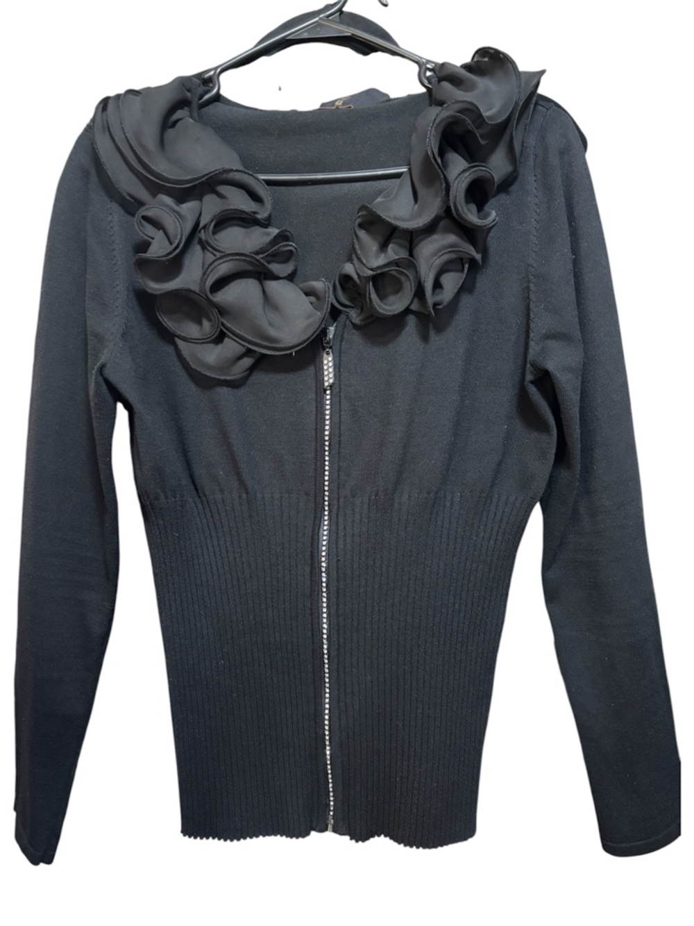 BELLDINI Black Marionette Ruffle Collar Rhinestone Zip Cardigan - Picture 2 of 3